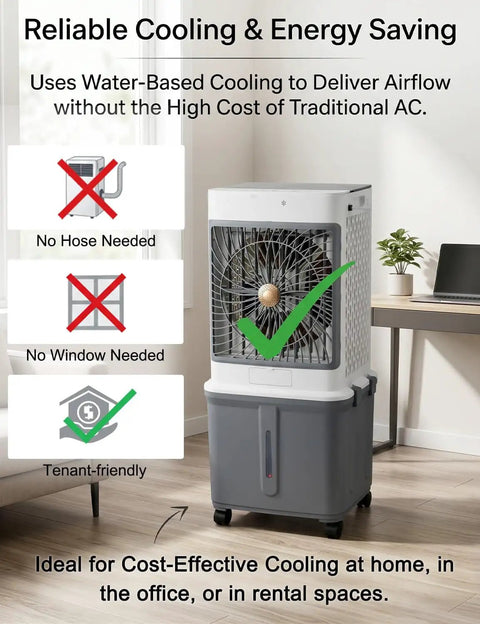 10 Gallon Swamp Cooler Evaporative Air Cooler Portable AC Unit for Room and Outdoor Spaces with windowless design displayed indoors.