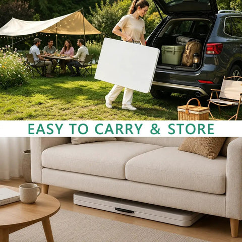 Beefy Six Foot Folding Table With Handle Portable 330Lb Capacity in outdoor camping and indoor storage settings