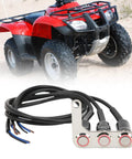 LED Illuminated Handlebar Switch With Stainless Steel Horn, Headlight, And Spot Lamp Control For Motorcycle ATV Dirt Bike Electric Bike, Copper Contacts, Right Side, IP65 Weatherproof next to red ATV in desert.