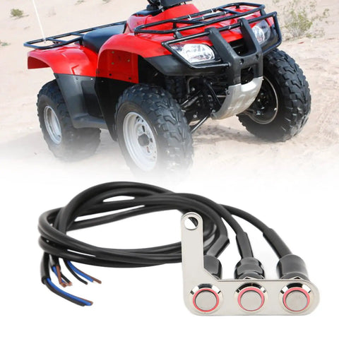 LED Illuminated Handlebar Switch With Stainless Steel Horn, Headlight, And Spot Lamp Control For Motorcycle ATV Dirt Bike Electric Bike, Copper Contacts, Right Side, IP65 Weatherproof next to red ATV in desert.