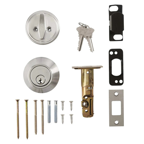 Satin Chrome Single Cylinder Deadbolt Lock For Commercial Security Built Tough ANSI Grade 1 UL Three Hour Fire Rating, lock set components including cylinder, keys, and screws