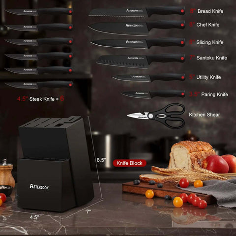 15 Piece Kitchen Knife Set With Built In Sharpener Block German Stainless Steel Blades In Black Wood Block Dishwasher Safe