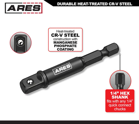10-Piece 1/4 Inch Drive 3 Inch Impact Grade Socket Adapters Set, shown with 1/4-inch hex shank, CR-V steel, manganese coating