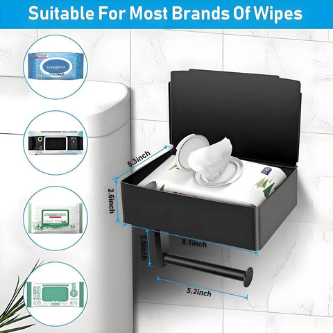 Toilet Paper Holder With Storage Shelf Wall Mount Black Stainless Steel No Installation Keeps Wet Wipes Moist Handy Bathroom Organizer