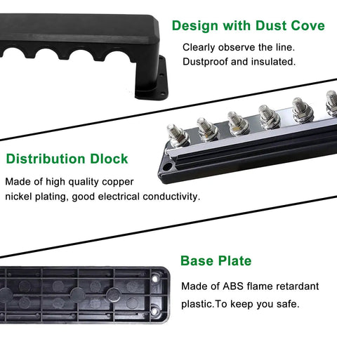 Heavy Duty 600A Battery Busbar 12 To 48V DC Power Distribution Block Featuring Rock Solid Nickel Plated Copper And Eight M10 Terminal Studs With Tight Snap On Cover For Any Rig Or Setup showing dust cover and high quality copper distribution block.