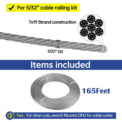 165 Feet 5/32 Inch Stainless Steel Wire Rope Cable For Railing And Decking, 7x19 Strand, Indoor Outdoor Balustrade DIY