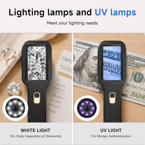 500X Handheld Digital Microscope With 3-Inch HD IPS Display For Coins Jewelry Stamps And Tiny Details Dual Lens Auto Focus Portable Close-Up Magnifier Kit Must-Have, white light for diamond inspection and UV light for money authentication