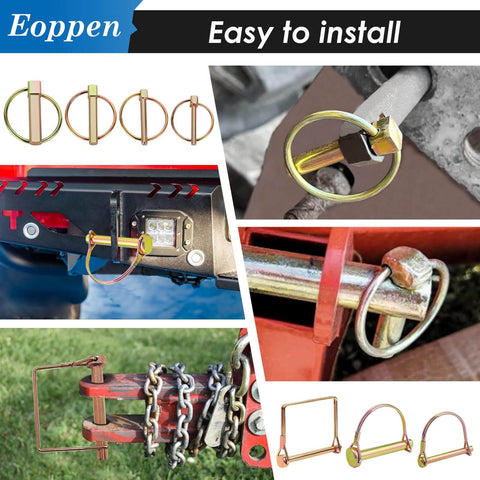 All In One 202Pcs Hitch Pins Set Assortment Kit Heavy Duty Linch Pins PTO Pins and Square Pins shown in various installed uses