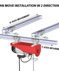 Diagram showing Six Wheel Trolley Assembly for Electric Hoist with Silent Rollers on Unistrut channel, illustrating X and Y-axis movement.