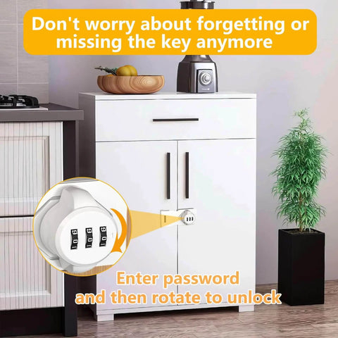 Keyless Cabinet Lock With 3-Digit Password, No Keys Needed, Bifold Door Lock For Cabinets And Drawers, installed on white cabinet
