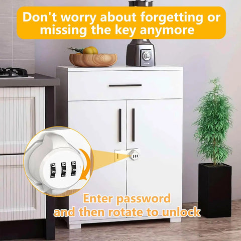 Heavy Duty Keyless Combo Lock With Three Digit Password For Cabinet Sliding Pantry Doors Easy White Finish shown on cabinet door.