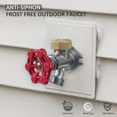Frost Free Outdoor Faucet With Anti Siphon Backflow Preventer, Lead Free Brass Frost Proof Sillcock, installed on wall exterior