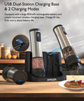 Electric Salt And Pepper Grinder Set With 2 Speed Modes 5 Coarseness Settings Rechargeable Base And Battery Level Display