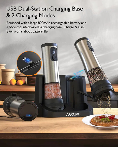 Electric Salt And Pepper Grinder Set With 2 Speed Modes 5 Coarseness Settings Rechargeable Base And Battery Level Display