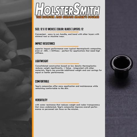 12x12 Black Thermoplastic Composite Sheet With 12 Layers,.060 Inch Thick, Impact Resistant, shown in a promotional holster ad
