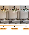 Display of a 42 Inch Ceiling Fan with Light for Living Room, Bedroom, Remote Control in three lighting options: warm, neutral, white.