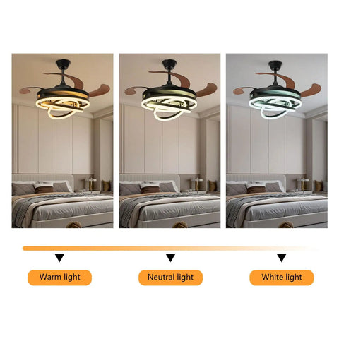 Display of a 42 Inch Ceiling Fan with Light for Living Room, Bedroom, Remote Control in three lighting options: warm, neutral, white.