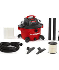 12 Gallon Wet Dry Vacuum With 6.0 Peak HP Motor and attachments, including hose, filter, and dust bag, for portable shop use