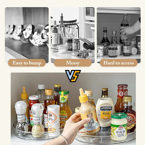 Two Pack Lazy Susan Cabinet Organizer Rotating Turntable For Cabinets Pantries Countertops Tables And Fridges 10.5 Inch Plastic Round Organizer showing clear, organized storage with various condiments and bottles, contrasted with messy and hard-to-access storage options.