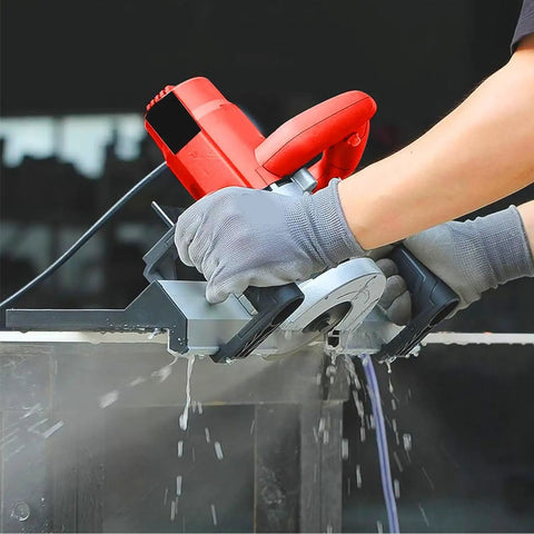 User operating the Top Shelf 1200 Watt Electric Tile Bevel Cutter for precise 45 degree cuts on tile, ideal for home upgrades.