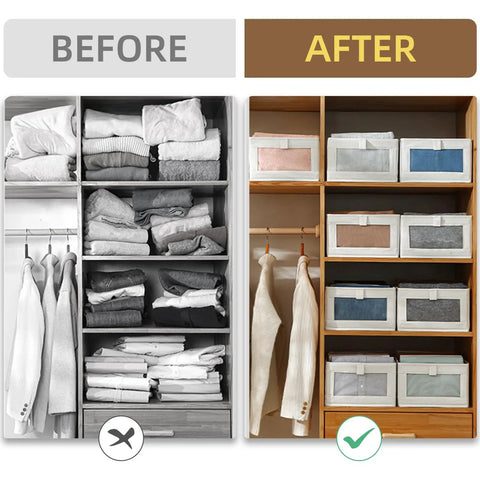 Premium Linen Closet Organizers And Folding Storage Bins, Four Pack Fabric Containers With See Through Window For Quick Clothes And Jeans Retrieval, Straight Up The Ultimate Shelf Organization Fix