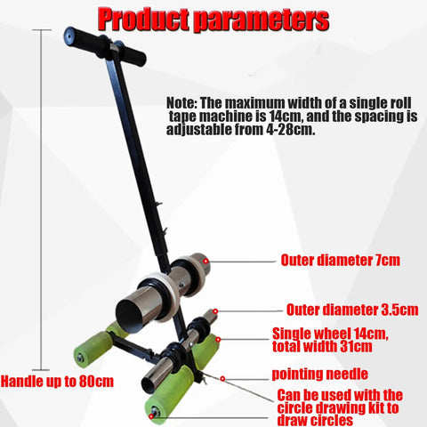 Floor Marking Tool Tape Applicator for Straight Line Aisle Marking in Warehouses, Gyms, Playgrounds and Sports Courts with Circle Drawing Kit, Twin Line Pasting, Quick Easy Floor Tape Application, metal handle, 80cm