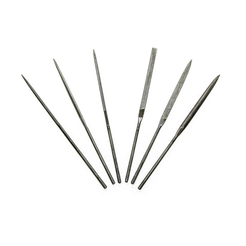 6 Piece Miniature File Set With Assorted Shapes For Detail Work laid out, showing Swiss-pattern precision, double cut teeth, knurled handles