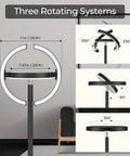 Led Floor Lamp With Rotatable Saturn Ring Design Stepless Dimming showing 330°/90° rotation in a modern living room setup.