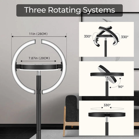 Led Floor Lamp With Rotatable Saturn Ring Design Stepless Dimming showing 330°/90° rotation in a modern living room setup.