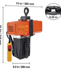 Heavy Duty 1100 Lb Electric Chain Hoist with 15 Ft Lift and 120V Copper Motor, showing dimensions and control remote.