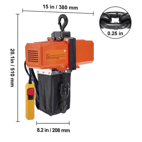 Heavy Duty 1100 Lb Electric Chain Hoist with 15 Ft Lift and 120V Copper Motor, showing dimensions and control remote.