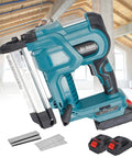 Ready To Roll 2 In 1 Cordless Brad Nailer Battery Powered Tool With Dual 21 Volt Rechargeable Batteries showing nailing gun with batteries and staples.