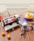 2600W Portable Gas Stove With Cassette Design And Multi Stage Adjustable Flame for camping and outdoor travel, on wooden table.