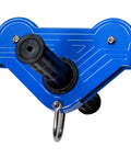 Close-up of Backyard Zip Line Kit for Kids with Easy Install Rope Handle and Outdoor Pulley, sturdy iron construction, blue color.