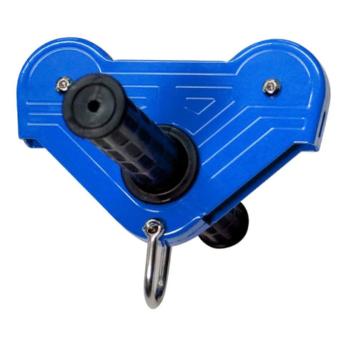 Close-up of Backyard Zip Line Kit for Kids with Easy Install Rope Handle and Outdoor Pulley, sturdy iron construction, blue color.