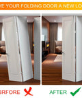 Two Pack Bifold Door Hardware Repair Kit with top and bottom brackets, pivots showing before and after installation in a living room