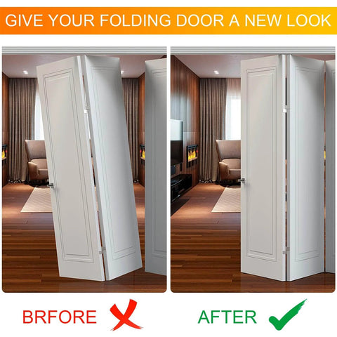 Before and after images of bifold door repaired with All In One Do It Yourself Bifold Door Hardware Repair Kit, showing improved alignment.