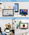 Collage displaying 10.1 Inch Mini Security Monitor With Remote And Dual Speakers For Gaming CCTV Raspberry Pi PC in various settings