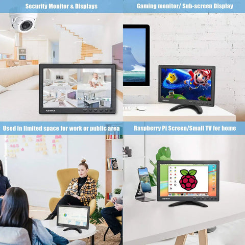 Collage displaying 10.1 Inch Mini Security Monitor With Remote And Dual Speakers For Gaming CCTV Raspberry Pi PC in various settings