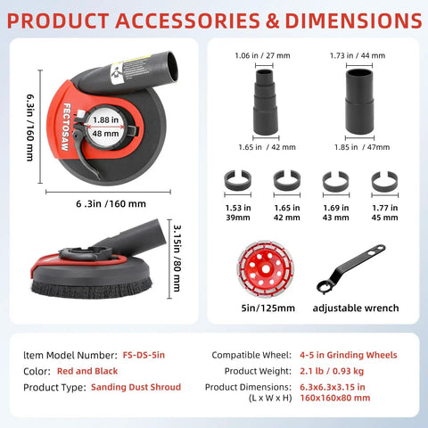 Dimensions and accessories of Pro Grade All In One Dust Shroud And Diamond Grinding Cup Wheel Kit for angle grinders.