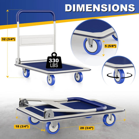 Foldable Push Cart Dolly With 330 Lbs Capacity, heavy duty moving platform hand truck on swivel wheels, collapsible handle