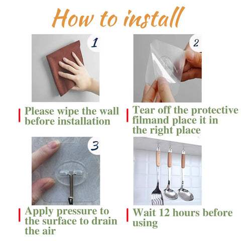 Installation steps for Heavy Duty 150 Pack Self Adhesive Wall Hooks Up To 24 Lb Each No Drill No Nails No Damage Transparent Reusable Hooks