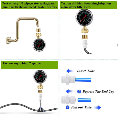 Liquid Filled Water Pressure Gauge Kit 0-200 Psi With 5 Piece Quick Connect Set, Standard Three Quarter Inch Female Garden Hose Thread, Home Use Gauge For Faucets And Hoses, Includes One Quarter Inch And One Half Inch Adapters; gauge kit with hose and tube adapters