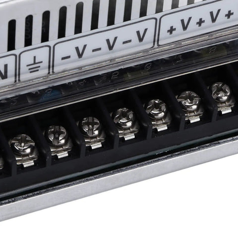 Beefy 600W DC Switching Power Supply For Industrial Automation, Reliable Converter With LED Indicators, Aluminum Alloy Enclosure, Wide 100 To 240V AC Input, Quiet, Efficient Performance For LEDs And Control Systems. Close-up of screw terminals