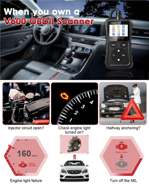 OBD2 Scanner Car Code Reader With Voltage Test Plug And Play CAN Diagnostic Tool interface and features displayed inside car