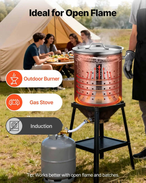 42 Quart Stainless Steel Stock Pot With Strainer, Lid And Handles used on open flame outdoors for large batch cooking.