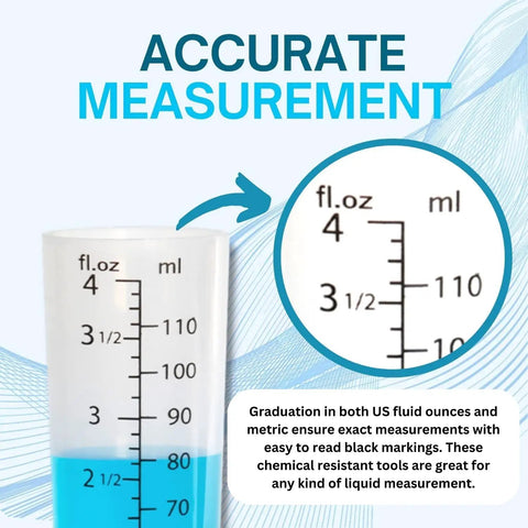 Close-up of Heavy Duty 4 Ounce Graduated Cylinder 110 mL Heat Resistant showcasing fluid ounces and milliliter markings with liquid inside.