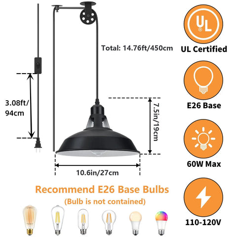 Plug In Pendant Light Bundle With Black Barn Style Hanging Lamps 14.76 Ft Cord On Off Switch Adjustable Pulley Design Industrial Kitchen