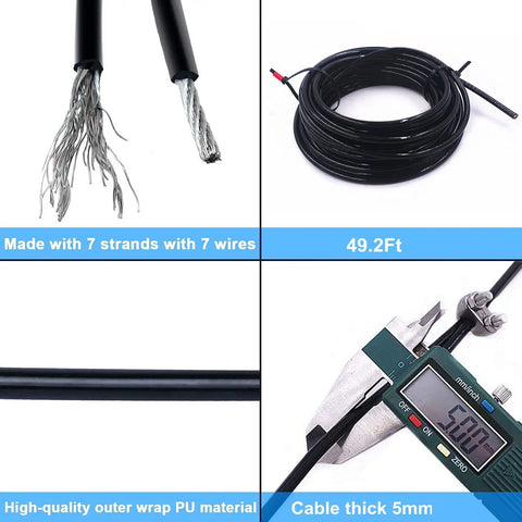 Heavy Duty 5mm Steel Wire Cable 49 Feet Replacement For Home Gym Pulley Machines Non Slip Black Coated Rope, showing wire strands and measurement.