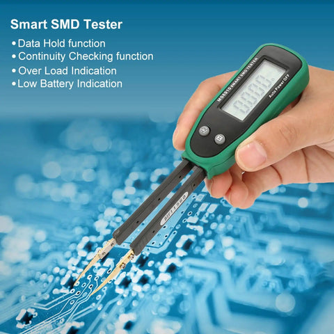 Handheld SMD Tester And Digital Multimeter For Electronics Work with 3000-Count LCD and Gold-Plated Probes measuring PCB.